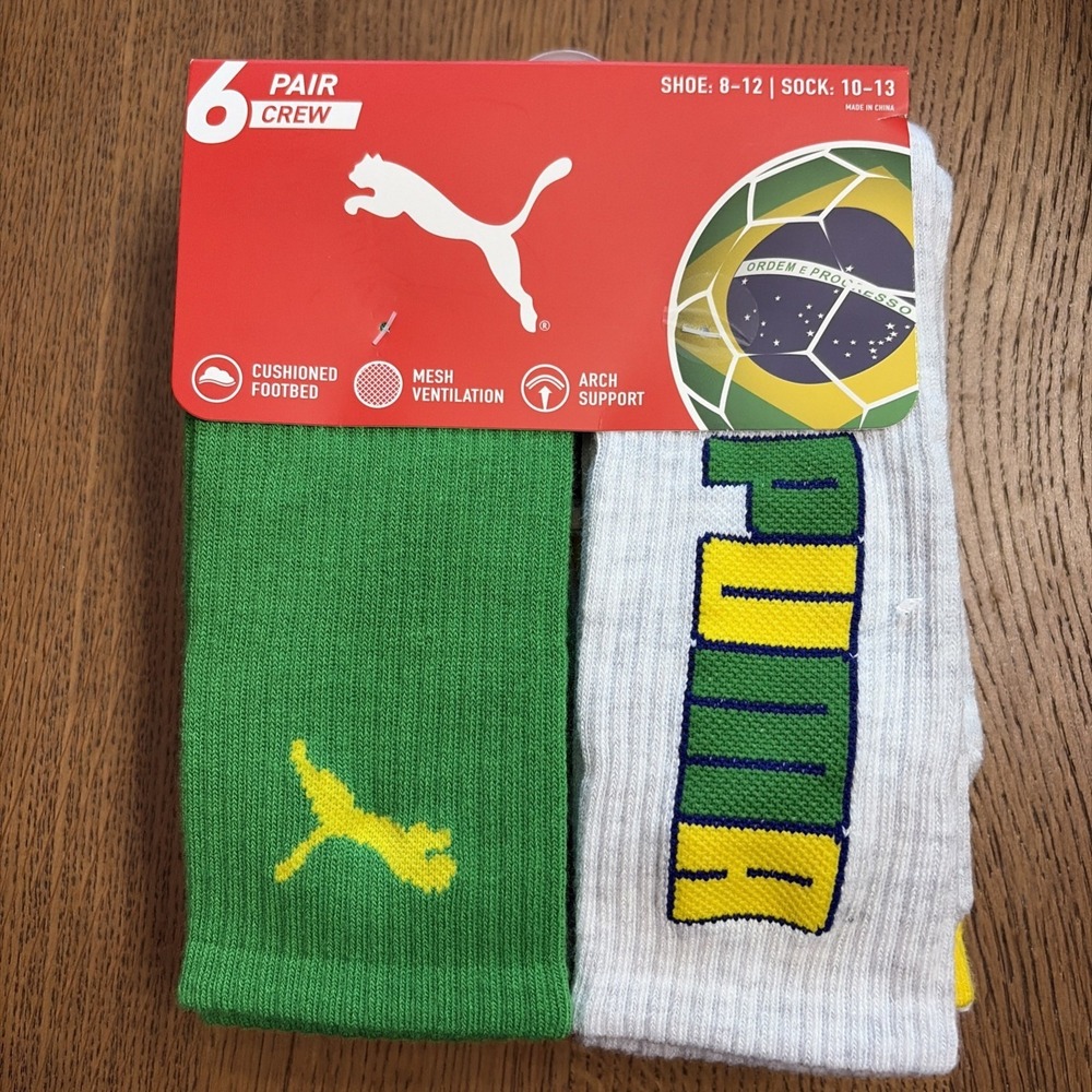 PUMA Men's World Cup Soccer Crew Socks Brasil Brazil - Shoe Size 8-12 - 6 Pair